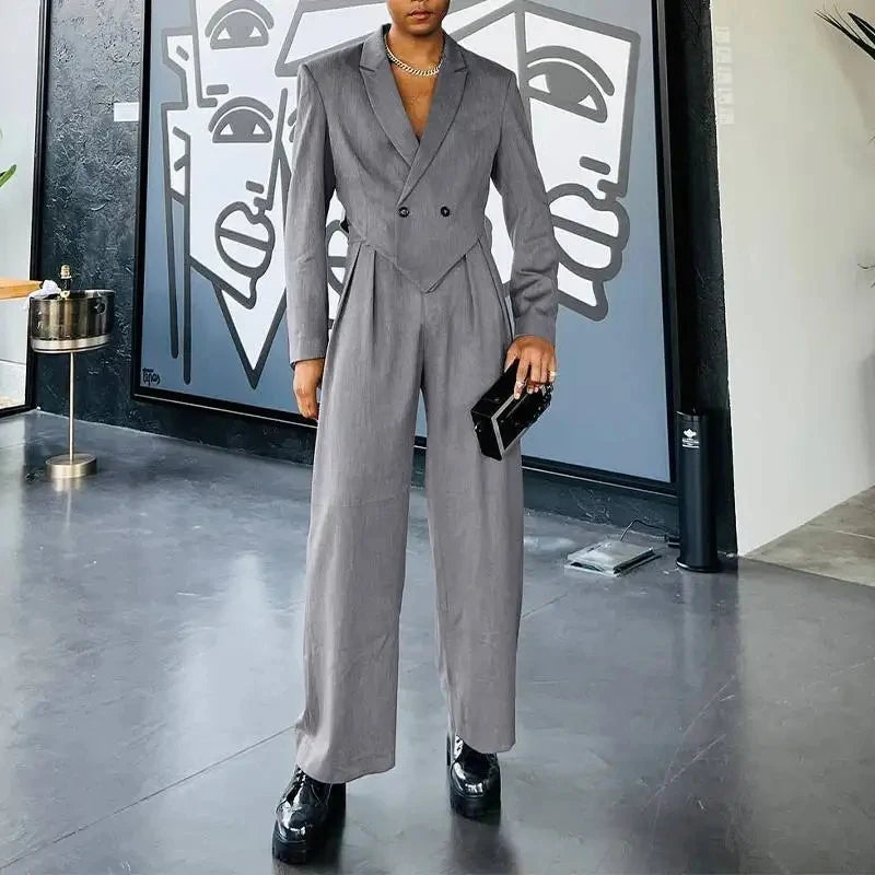 Spring and Autumn Men's New Loose Long sleeved Novelty Small Suit Straight leg Pants Two piece Men's Set